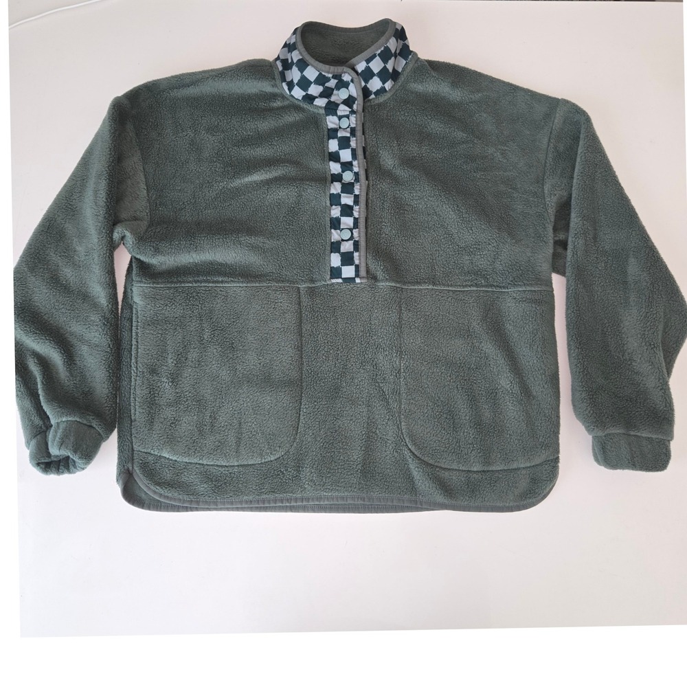 LIV Outdoor Womens Sage Green Fleece Snap Pullover Checkered Trim Size Medium